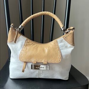 Charles David Vintage Whipstitch Leather & Canvas Hobo Bag - White/Tan